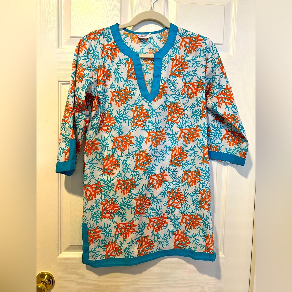 Bathing Suit Cover Up Colorful Coral Print 100% Cotton. Size Small